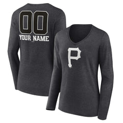 Pittsburgh Pirates Women's Personalized Monochrome Name & Number Long Sleeve V-Neck T-Shirt Charcoal