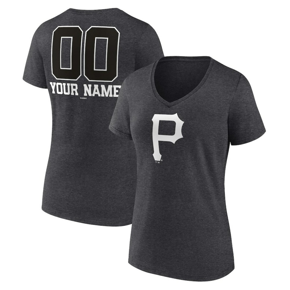 Pittsburgh Pirates Women's Personalized Monochrome Name & Number V-Neck T-Shirt Charcoal