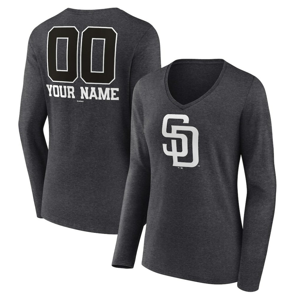 San Diego Padres Women's Personalized Monochrome Name & Number Long Sleeve V-Neck T-Shirt Charcoal