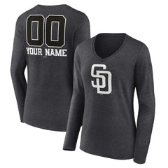 San Diego Padres Women's Personalized Monochrome Name & Number Long Sleeve V-Neck T-Shirt Charcoal