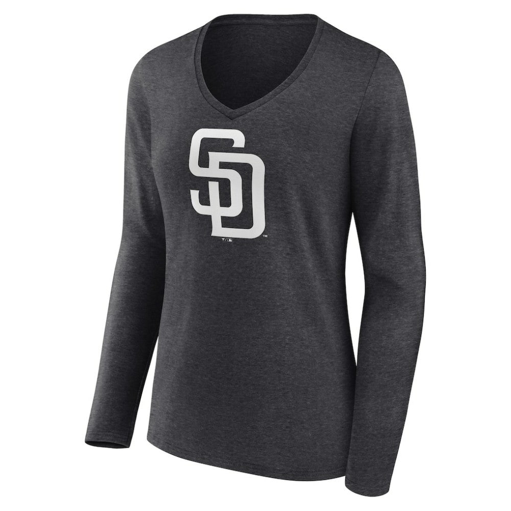 San Diego Padres Women's Personalized Monochrome Name & Number Long Sleeve V-Neck T-Shirt Charcoal