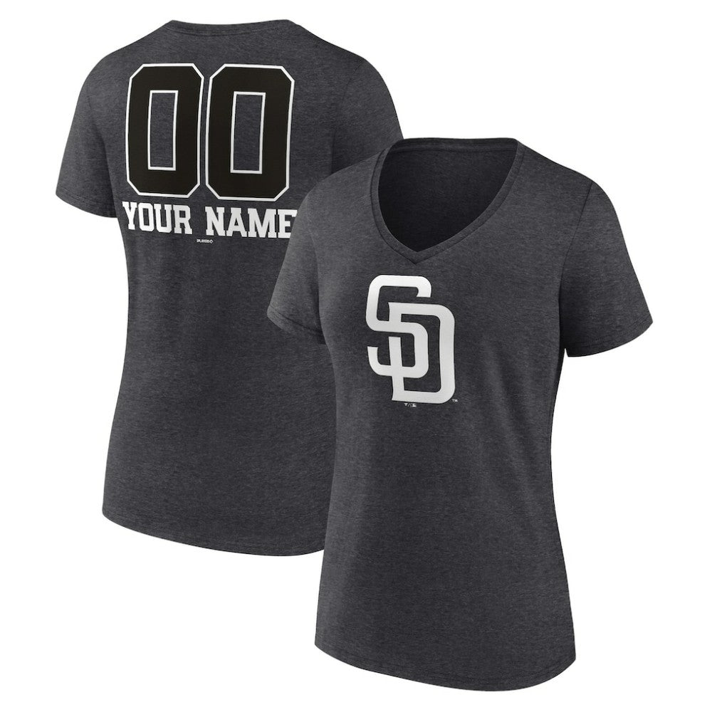 San Diego Padres Women's Personalized Monochrome Name & Number V-Neck T-Shirt Charcoal