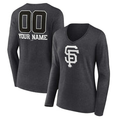 San Francisco Giants Women's Personalized Monochrome Name & Number Long Sleeve V-Neck T-Shirt Charcoal
