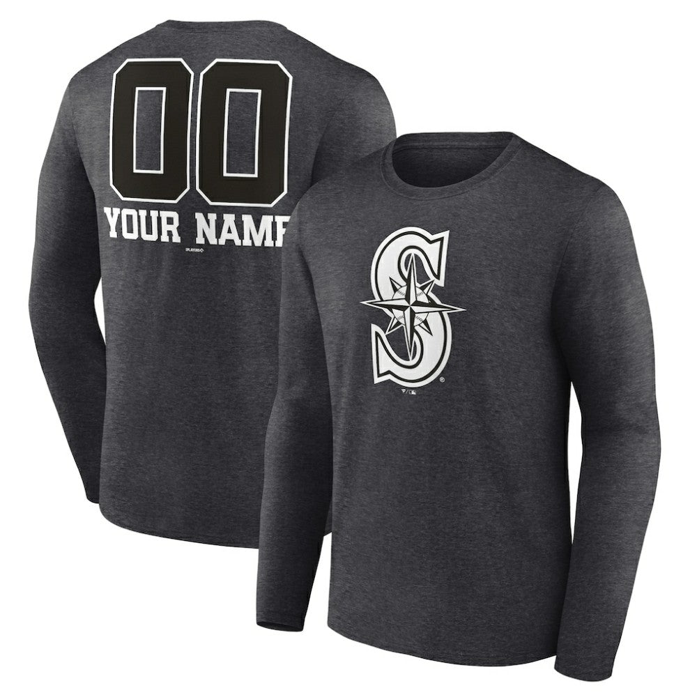 Seattle Mariners Personalized Monochrome Name & Number Long Sleeve T-Shirt Charcoal