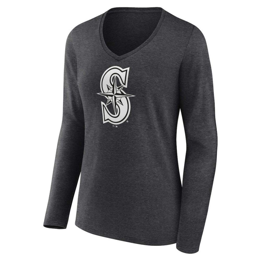 Seattle Mariners Women's Personalized Monochrome Name & Number Long Sleeve V-Neck T-Shirt Charcoal