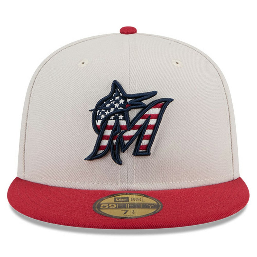 Miami Marlins 2024 Fourth of July 59FIFTY Fitted Hat Khaki/Red | New Era