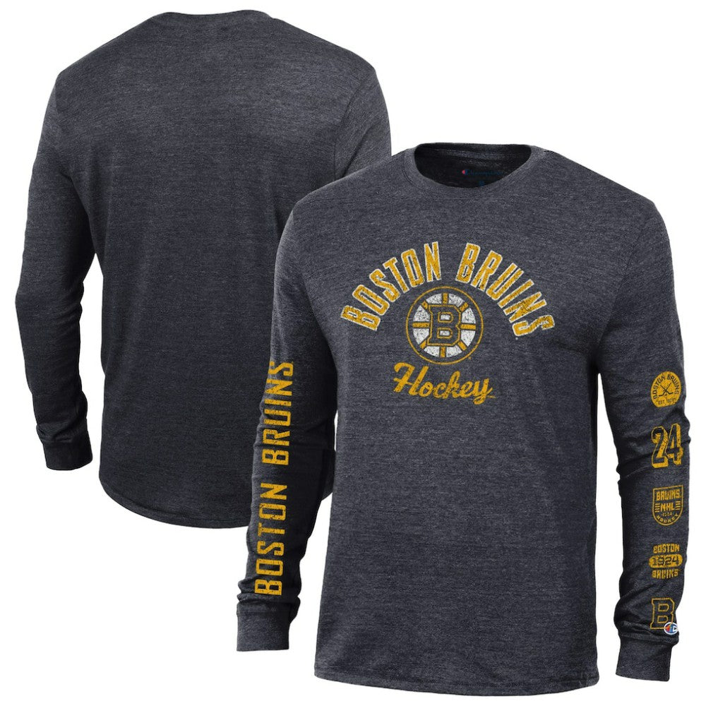 Boston Bruins Champion Multi-Logo Tri-Blend Long Sleeve T-Shirt Heather Black