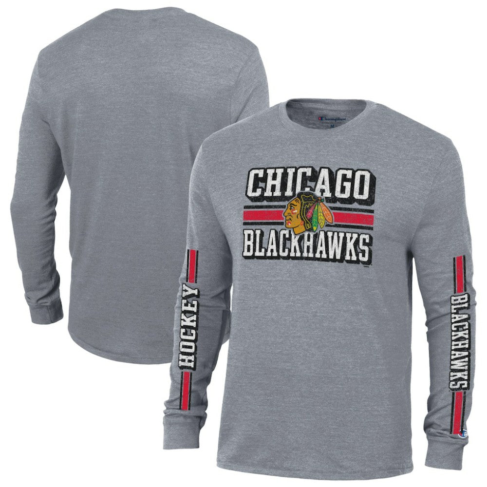 Chicago Blackhawks Champion Tri-Blend Dual-Stripe Long Sleeve T-Shirt Heather Gray