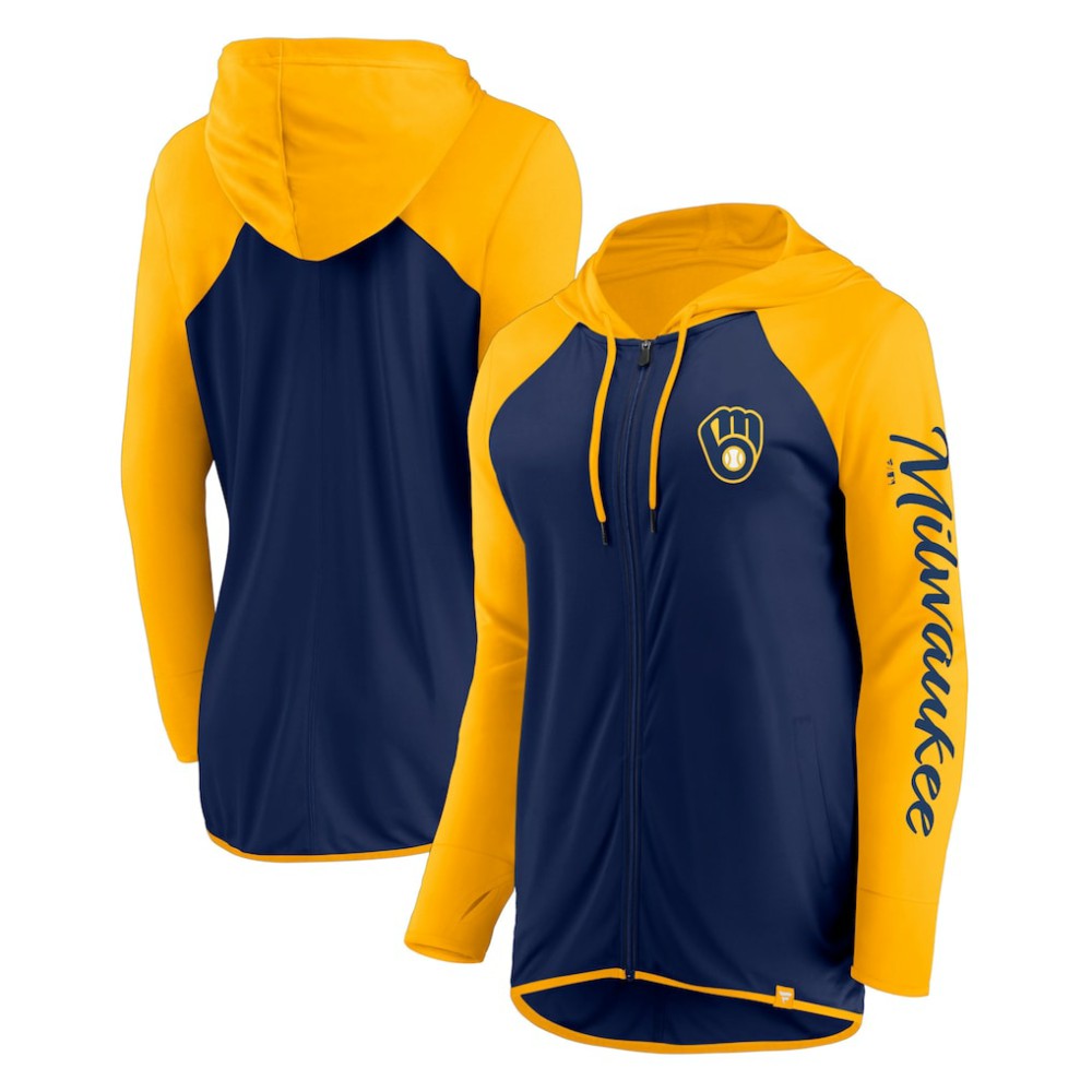 Milwaukee Brewers Women's Script Sleeve Full-Zip Hoodie Navy/Gold
