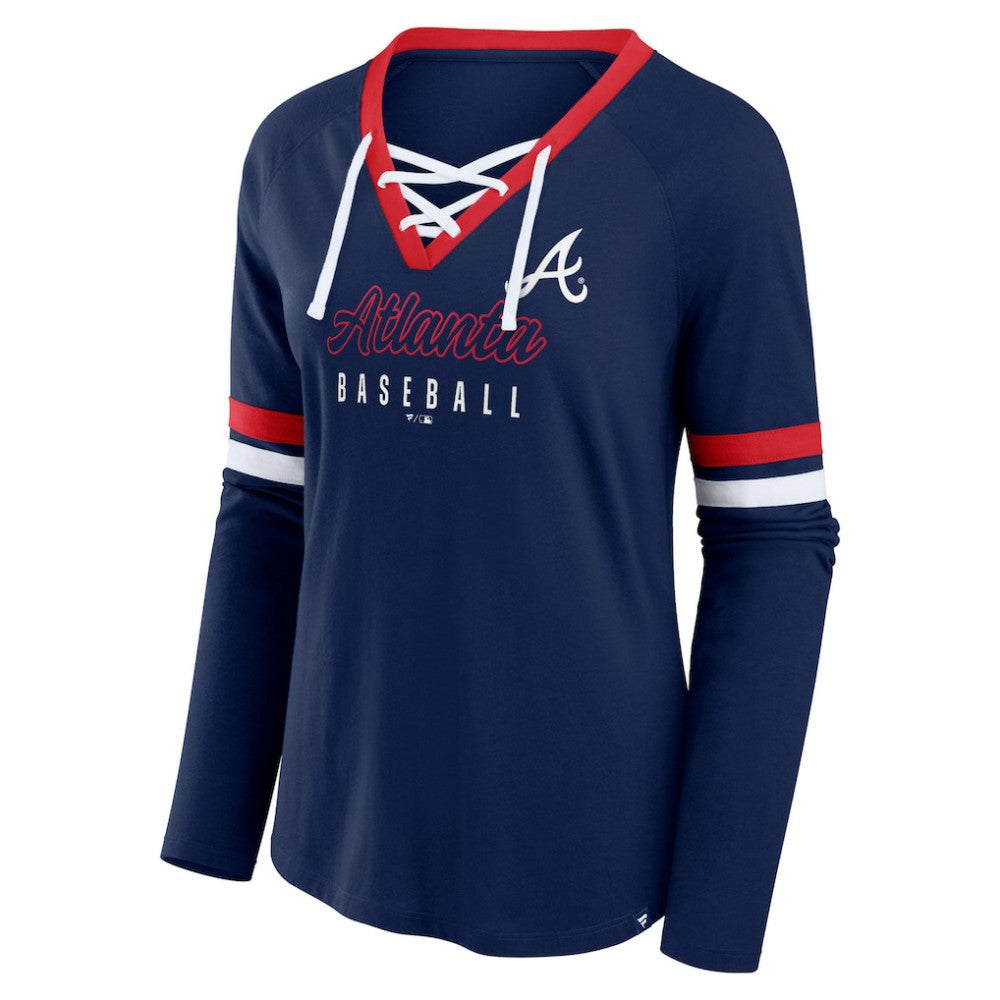 Atlanta Braves Women's Won & Done Raglan Lace-Up Long Sleeve T-Shirt Navy