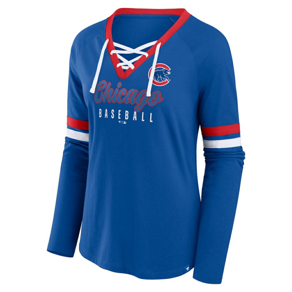 Chicago Cubs Women's Won & Done Raglan Lace-Up Long Sleeve T-Shirt Royal