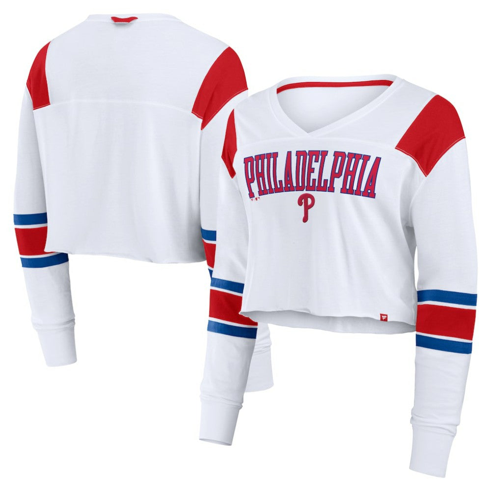 Philadelphia Phillies Women's Stretch Cropped Fashion Long Sleeve T-Shirt White