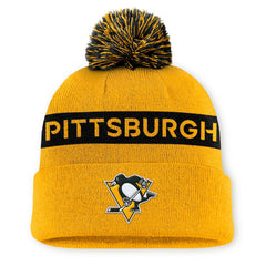 Pittsburgh Penguins Fanatics Women's Authentic Pro Rink Cuffed Knit Hat with Pom Gold/Black