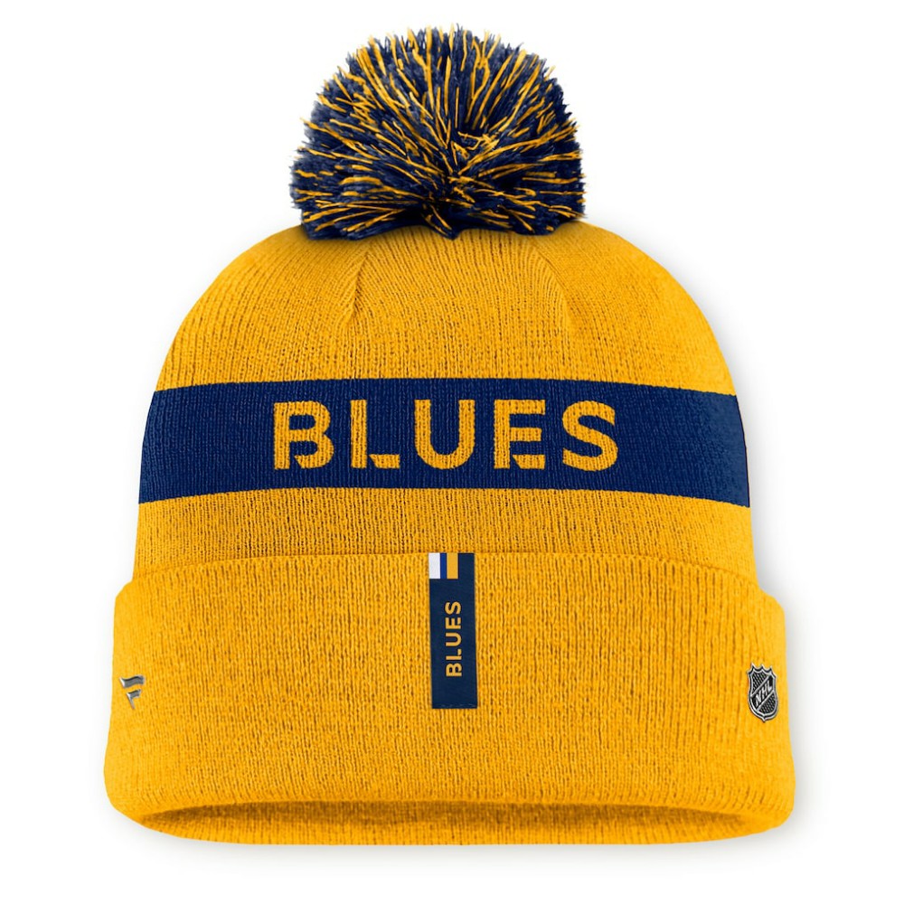 St. Louis Blues Fanatics Women's Authentic Pro Rink Cuffed Knit Hat with Pom Gold/Navy