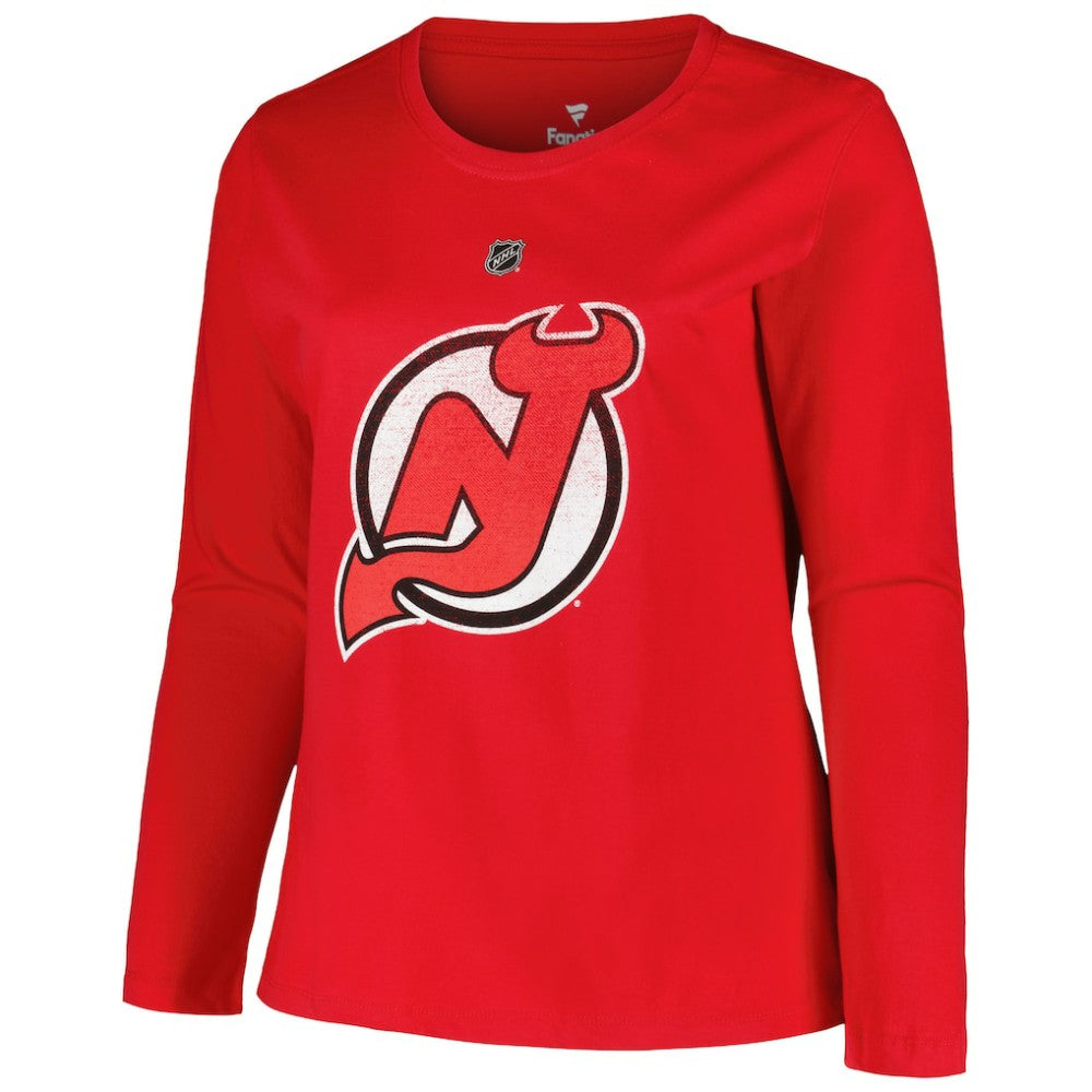 New Jersey Devils Profile Women's Plus Size Distressed Printed Name & Number Long Sleeve T-Shirt Red