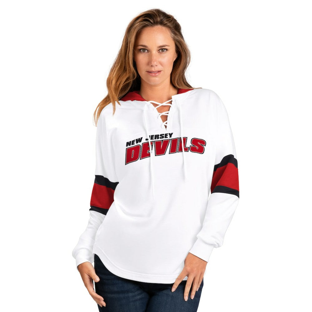 New Jersey Devils G-III 4Her by Carl Banks Women's Goal Zone Long Sleeve Lace-Up Hoodie T-Shirt White/Red