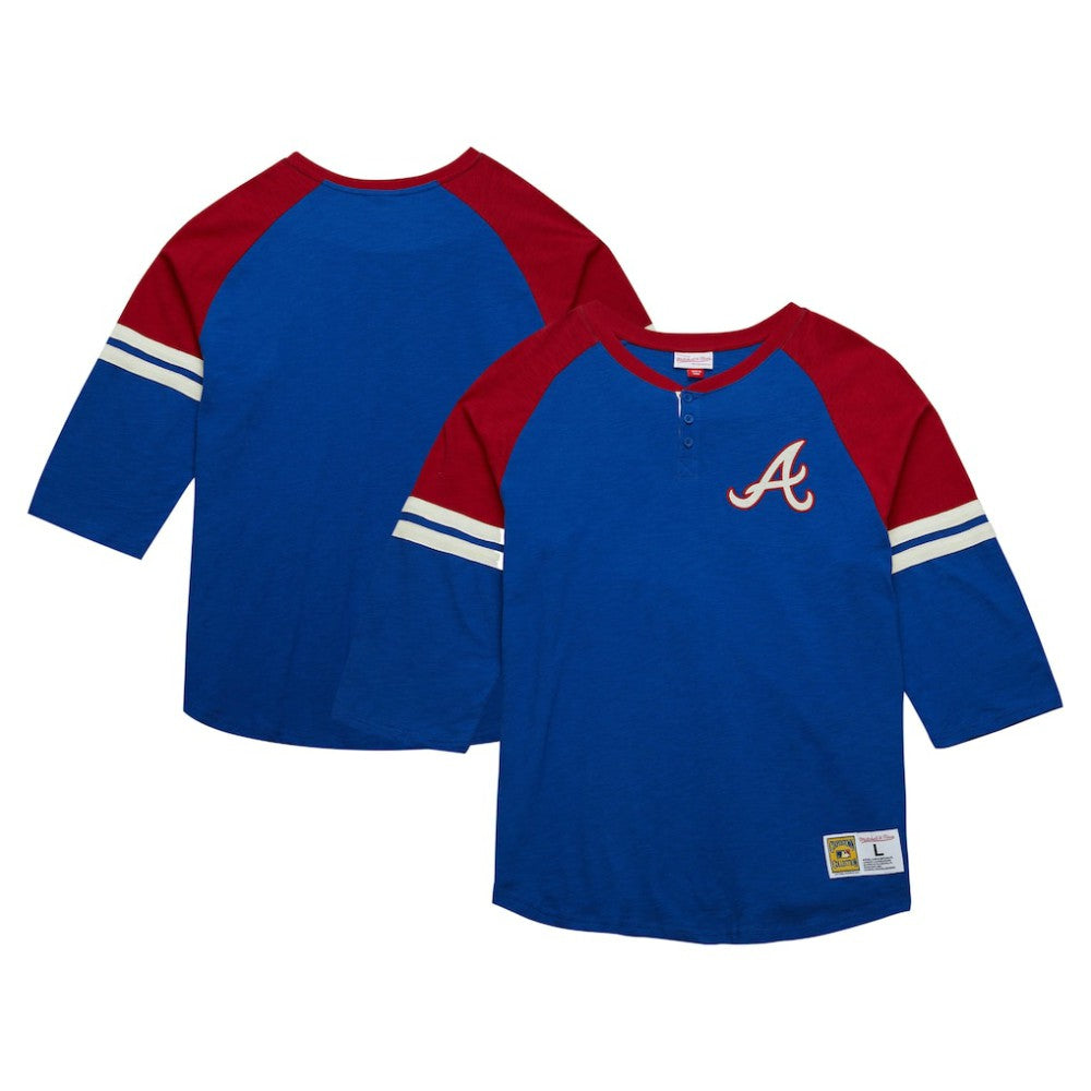 Atlanta Braves Cooperstown Collection Legendary Raglan Slub Henley 3/4-Sleeve T-Shirt Royal | Mitchell & Ness