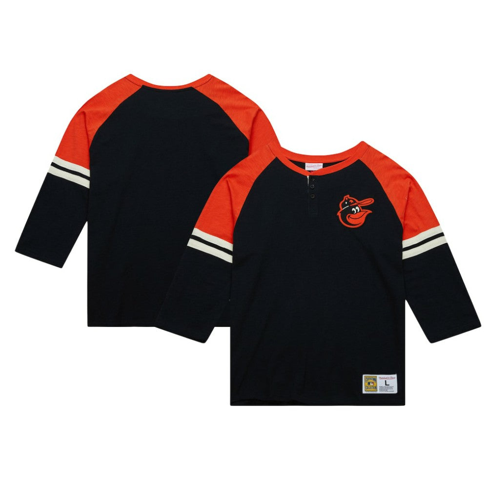 Baltimore Orioles Cooperstown Collection Legendary Raglan Slub Henley 3/4-Sleeve T-Shirt Black | Mitchell & Ness