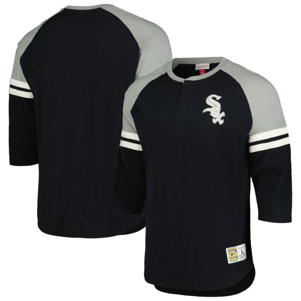 Chicago White Sox Cooperstown Collection Legendary Raglan Slub Henley 3/4-Sleeve T-Shirt Black | Mitchell & Ness