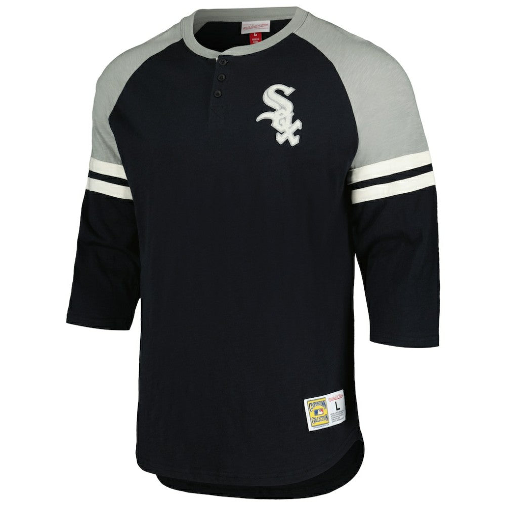 Chicago White Sox Cooperstown Collection Legendary Raglan Slub Henley 3/4-Sleeve T-Shirt Black | Mitchell & Ness