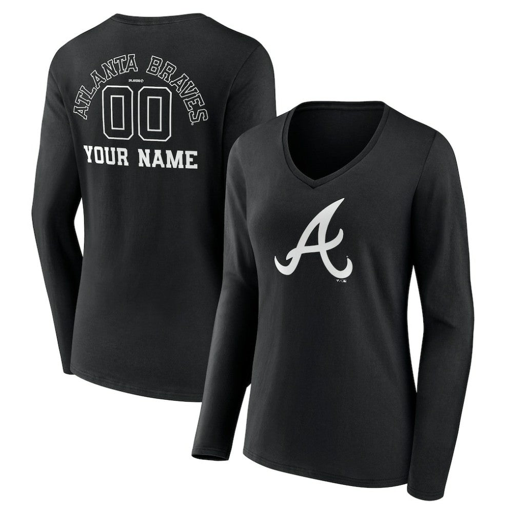 Atlanta Braves Women's Monochrome Personalized Name & Number Long Sleeve V-Neck T-Shirt Black