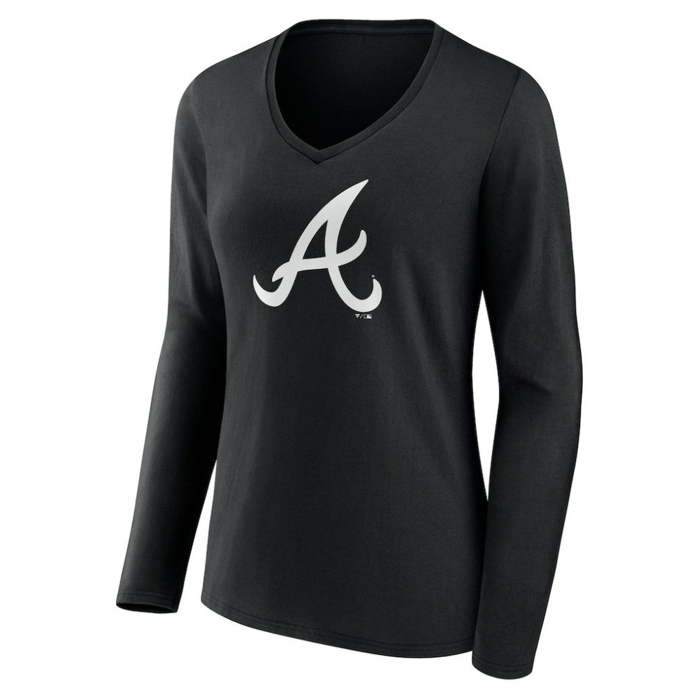 Atlanta Braves Women's Monochrome Personalized Name & Number Long Sleeve V-Neck T-Shirt Black