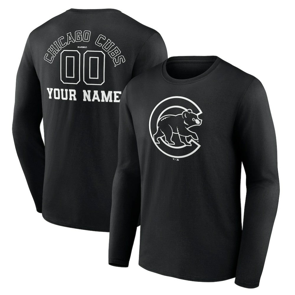 Chicago Cubs Monochrome Personalized Name & Number Long Sleeve T-Shirt Black