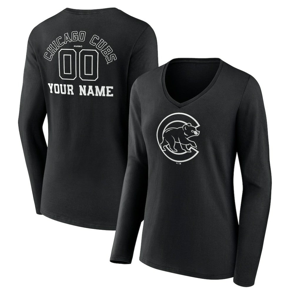 Chicago Cubs Women's Monochrome Personalized Name & Number Long Sleeve V-Neck T-Shirt Black