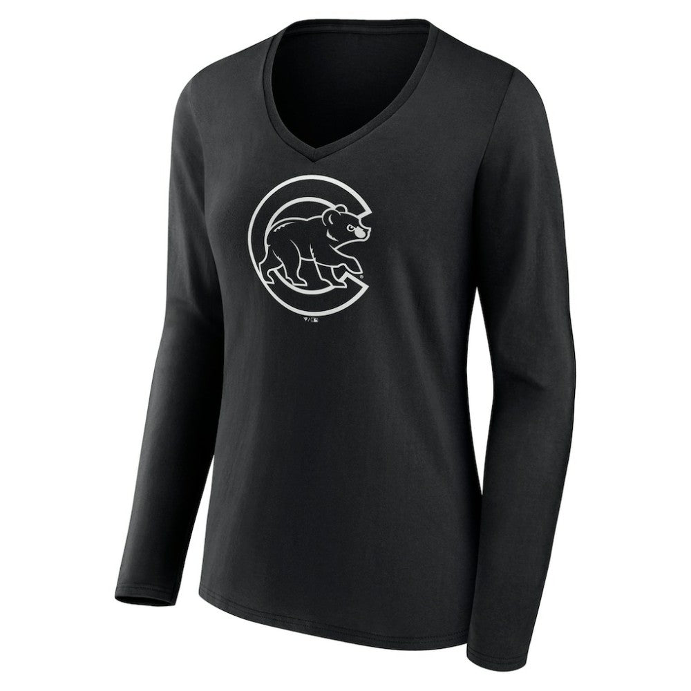 Chicago Cubs Women's Monochrome Personalized Name & Number Long Sleeve V-Neck T-Shirt Black