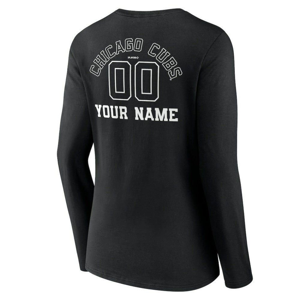 Chicago Cubs Women's Monochrome Personalized Name & Number Long Sleeve V-Neck T-Shirt Black
