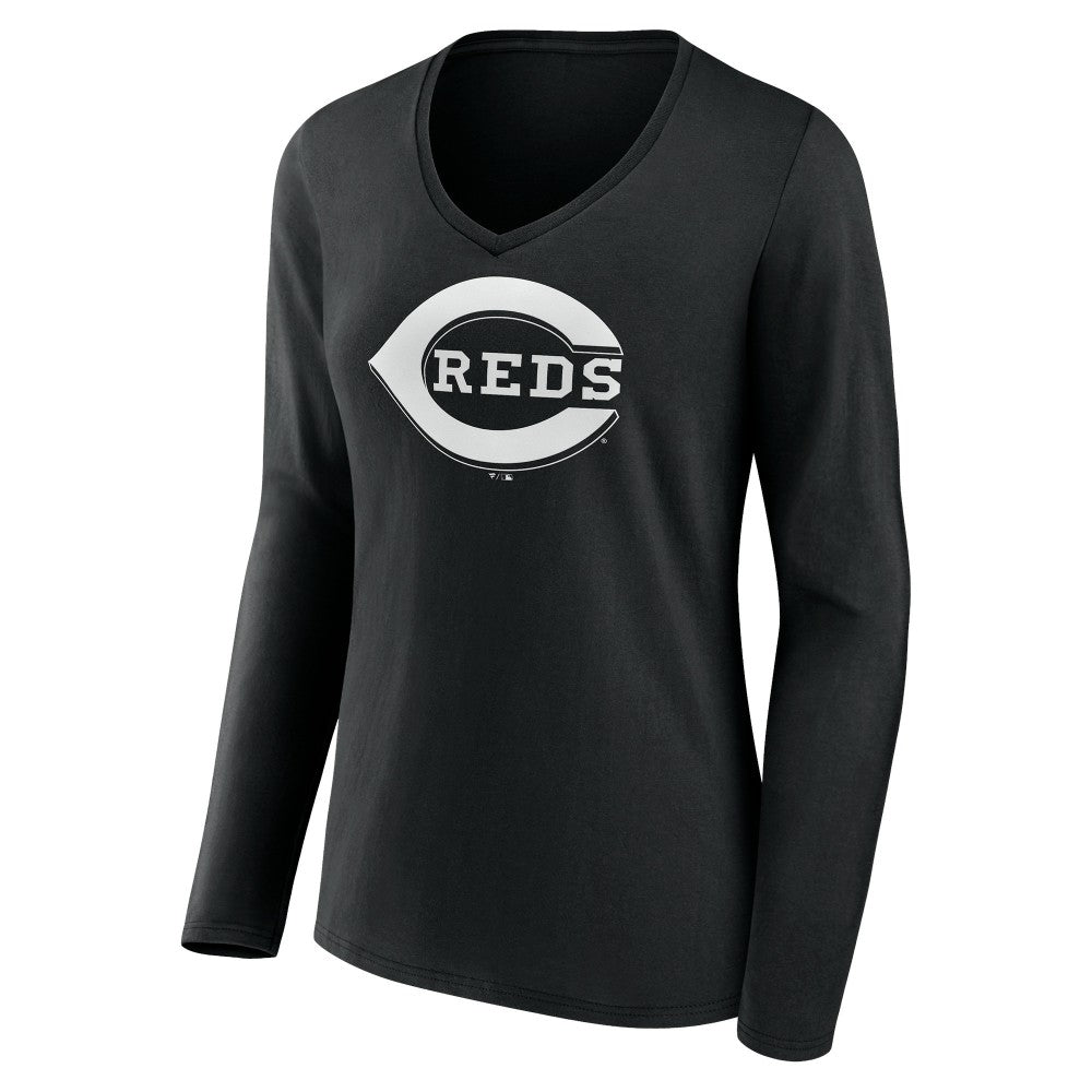 Cincinnati Reds Women's Monochrome Personalized Name & Number Long Sleeve V-Neck T-Shirt Black