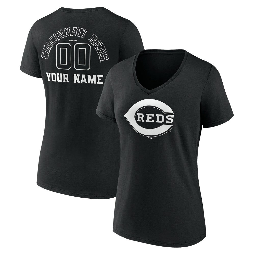 Cincinnati Reds Women's Monochrome Personalized Name & Number V-Neck T-Shirt Black