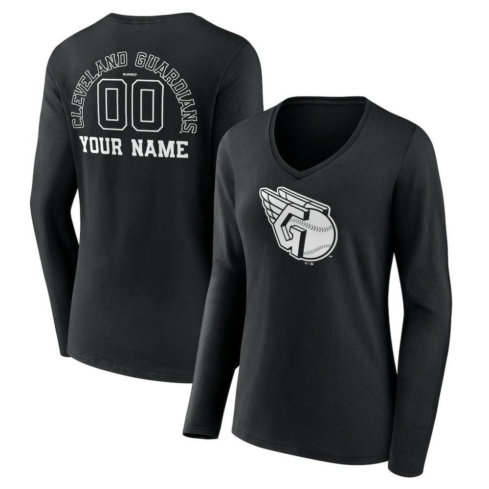 Cleveland Guardians Women's Monochrome Personalized Name & Number Long Sleeve V-Neck T-Shirt Black
