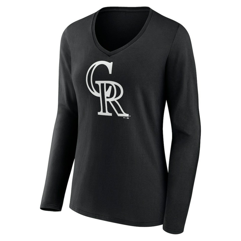 Colorado Rockies Women's Monochrome Personalized Name & Number Long Sleeve V-Neck T-Shirt Black