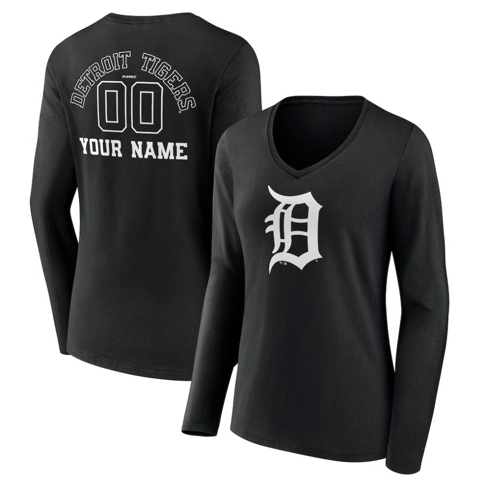 Detroit Tigers Women's Monochrome Personalized Name & Number Long Sleeve V-Neck T-Shirt Black