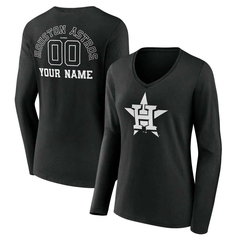 Houston Astros Women's Monochrome Personalized Name & Number Long Sleeve V-Neck T-Shirt Black
