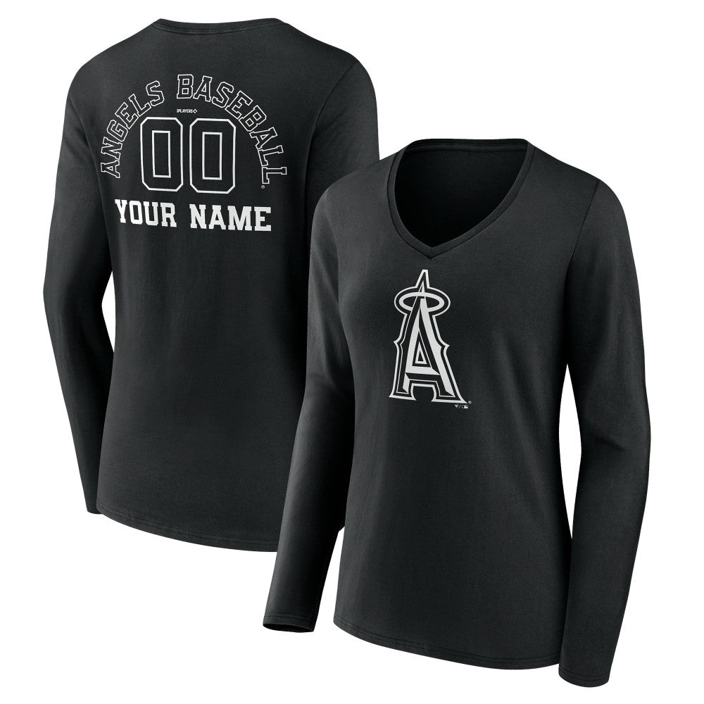 Los Angeles Angels Women's Monochrome Personalized Name & Number Long Sleeve V-Neck T-Shirt Black