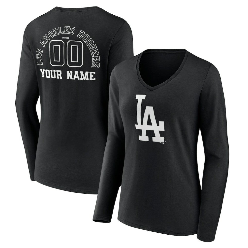 Los Angeles Dodgers Women's Monochrome Personalized Name & Number Long Sleeve V-Neck T-Shirt Black