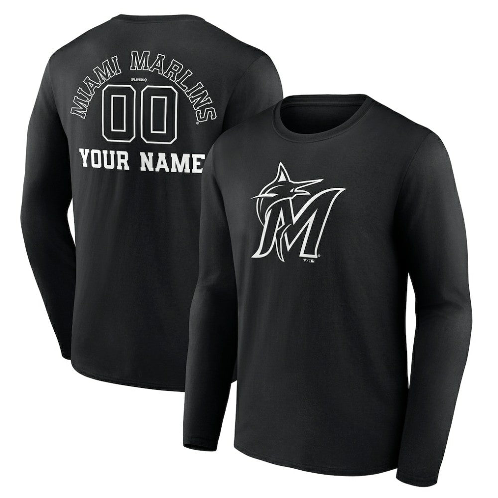 Miami Marlins Monochrome Personalized Name & Number Long Sleeve T-Shirt Black