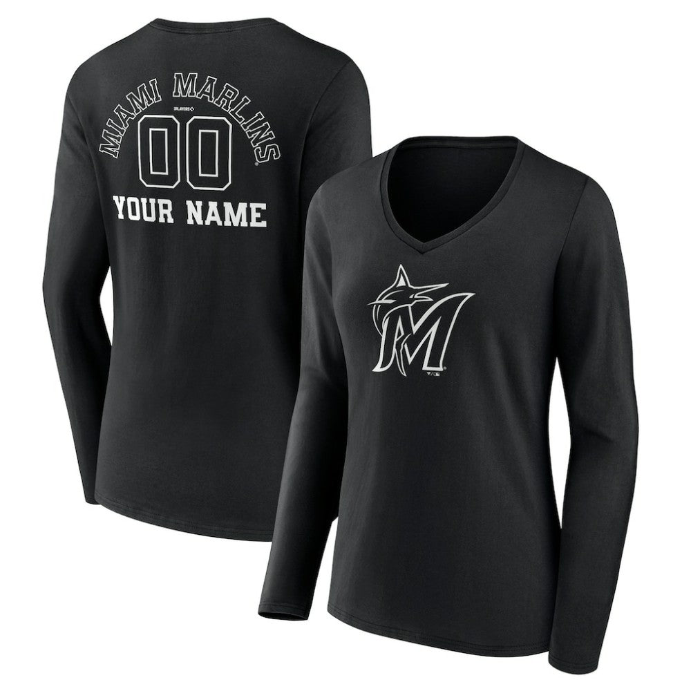Miami Marlins Women's Monochrome Personalized Name & Number Long Sleeve V-Neck T-Shirt Black