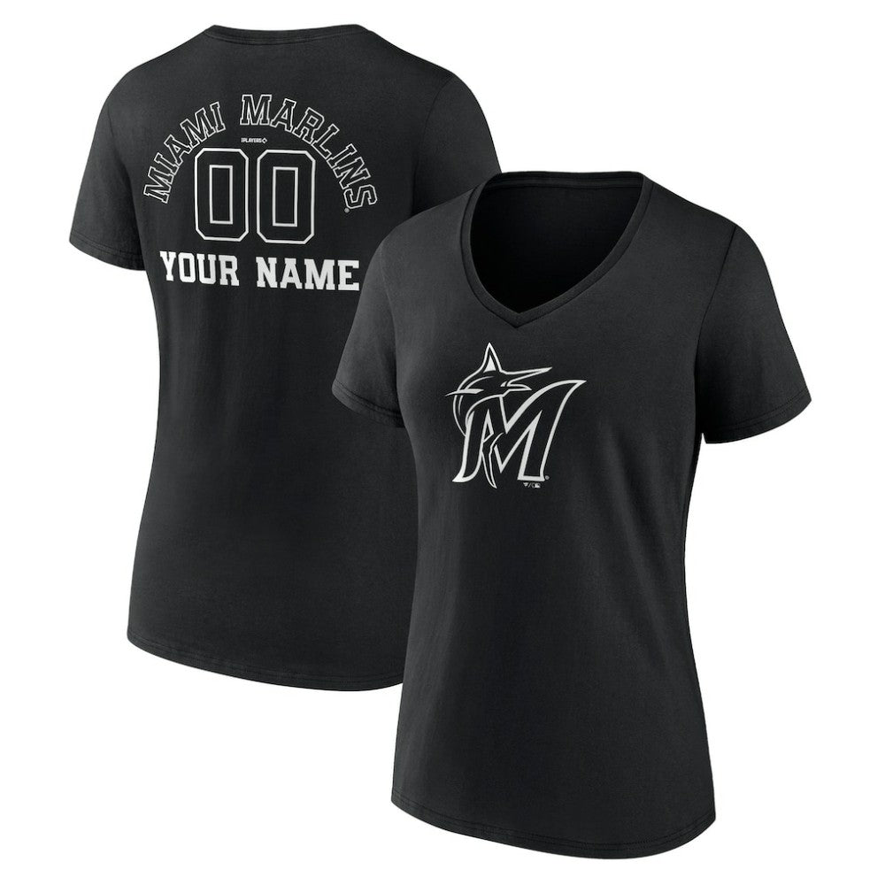 Miami Marlins Women's Monochrome Personalized Name & Number V-Neck T-Shirt Black