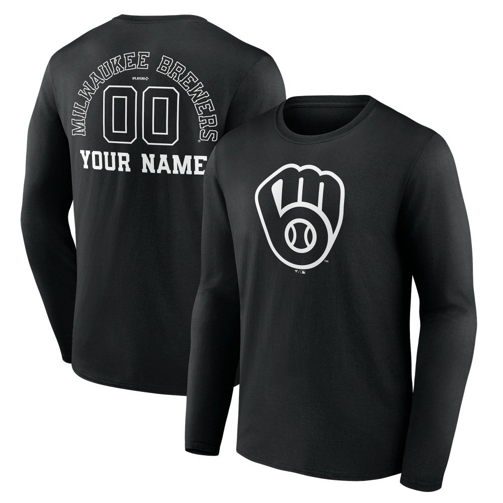 Milwaukee Brewers Monochrome Personalized Name & Number Long Sleeve T-Shirt Black