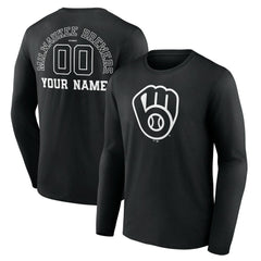Milwaukee Brewers Monochrome Personalized Name & Number Long Sleeve T-Shirt Black