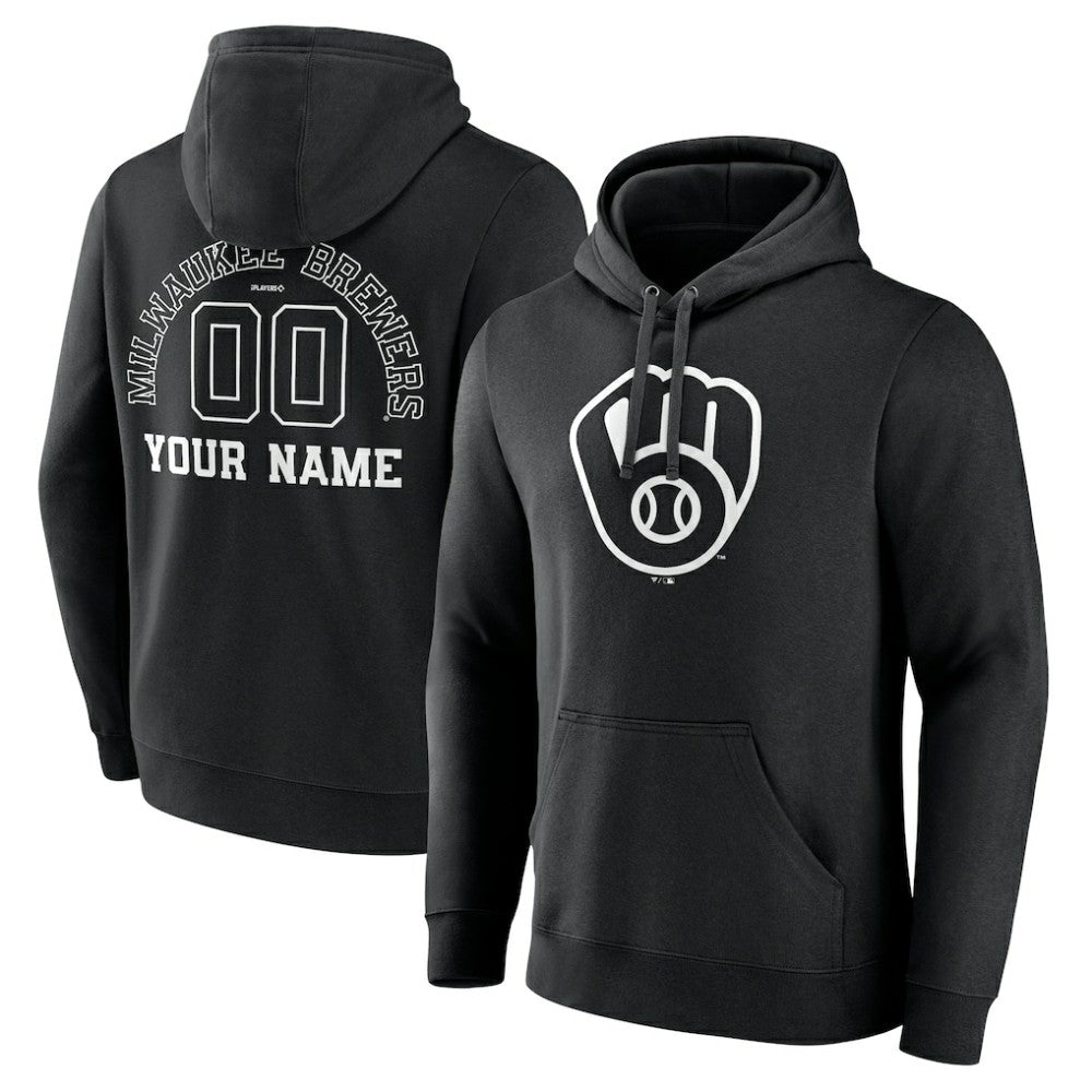 Milwaukee Brewers Monochrome Personalized Name & Number Pullover Hoodie Black