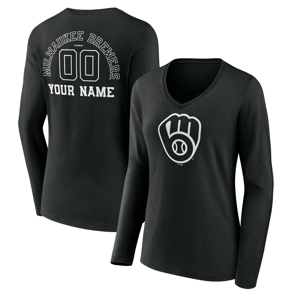 Milwaukee Brewers Women's Monochrome Personalized Name & Number Long Sleeve V-Neck T-Shirt Black