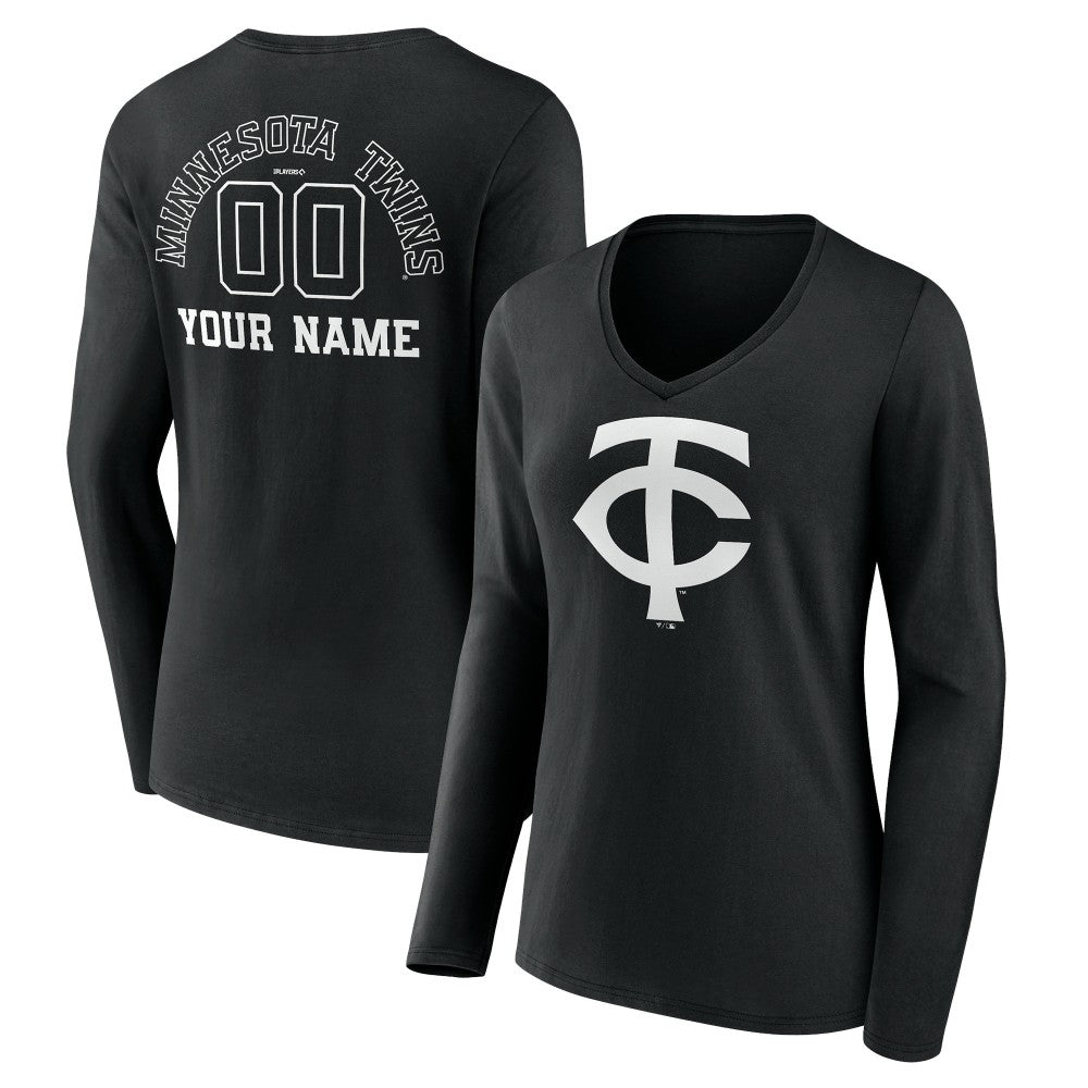 Minnesota Twins Women's Monochrome Personalized Name & Number Long Sleeve V-Neck T-Shirt Black