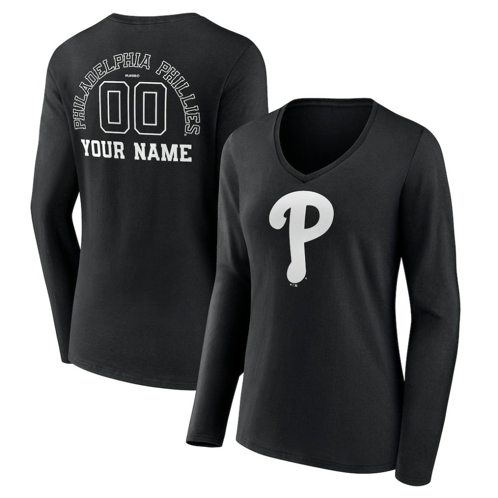 Philadelphia Phillies Women's Monochrome Personalized Name & Number Long Sleeve V-Neck T-Shirt Black