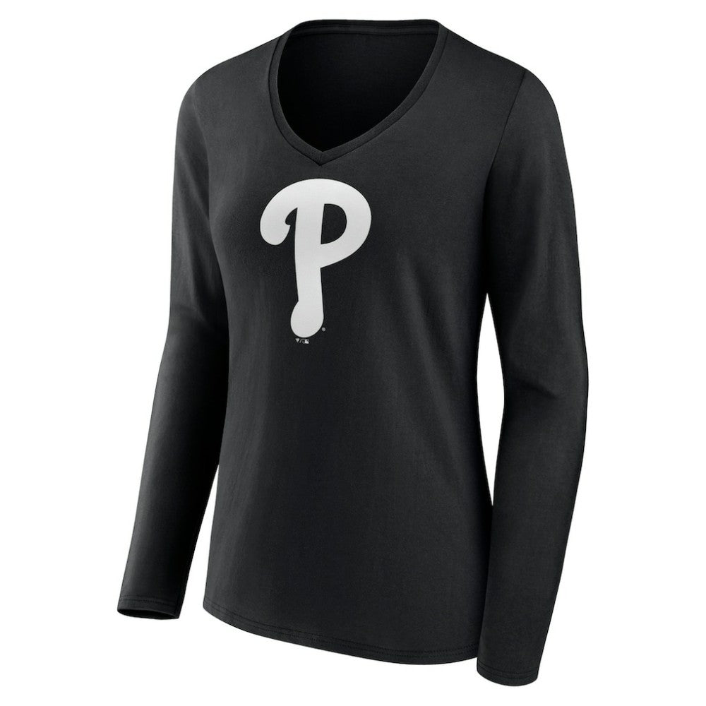 Philadelphia Phillies Women's Monochrome Personalized Name & Number Long Sleeve V-Neck T-Shirt Black