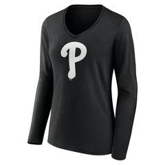 Philadelphia Phillies Women's Monochrome Personalized Name & Number Long Sleeve V-Neck T-Shirt Black