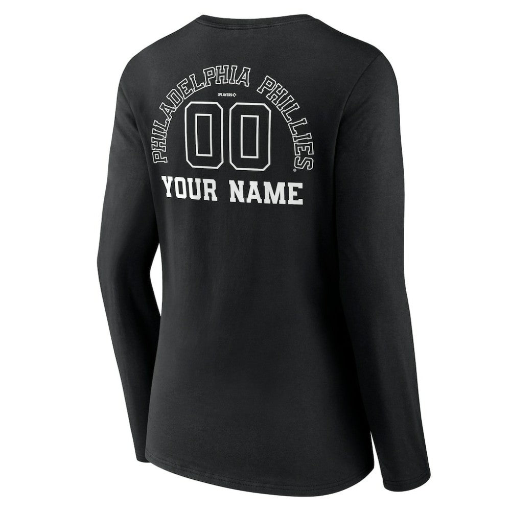 Philadelphia Phillies Women's Monochrome Personalized Name & Number Long Sleeve V-Neck T-Shirt Black